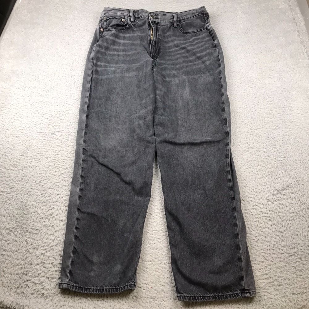American Eagle Super‎ High Rise Baggy Straight Jeans Womens 16 Faded Black Denim